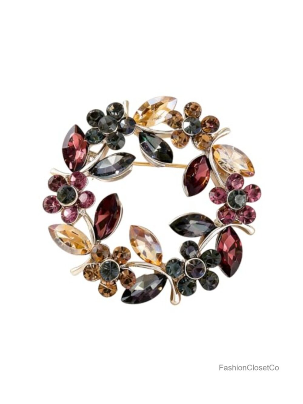 Vintage Wreath Brooch Gold Tone Alloy Pin with Crystals